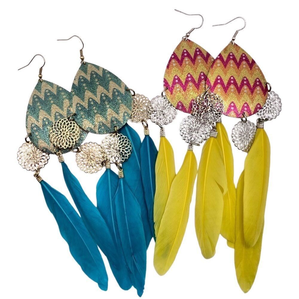 Blue and Yellow Statement Feather Drop Earrings